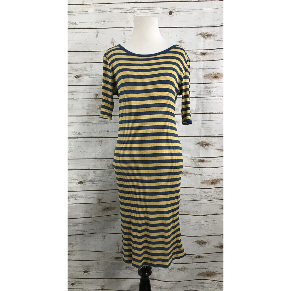 LuLaRoe Women’s Julia Blue Yellow Striped Ribbed‎ Dress M